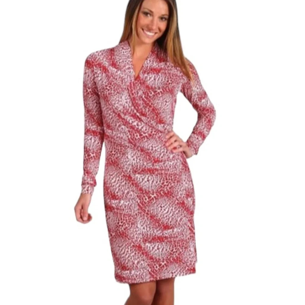 Kamalikulture Red Animal Print Long Sleeve Pullover Faux Wrap Dress Size S